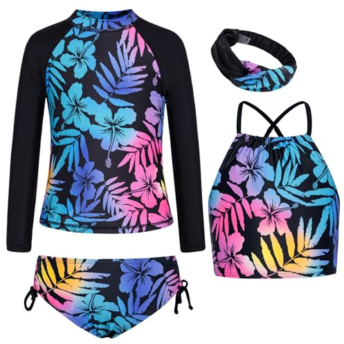 GRACE KARIN Girl Long Sleeve Swimsuit Rash Guard Tankini Set Swimsuit with Headband Size 10 Black Leaves
