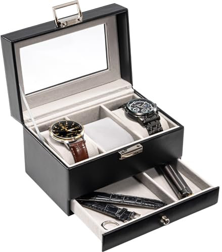 ProCase Scatola per orologi con 3 scomparti, con coperchio in vetro, con cuscino rimovibile, colore: nero