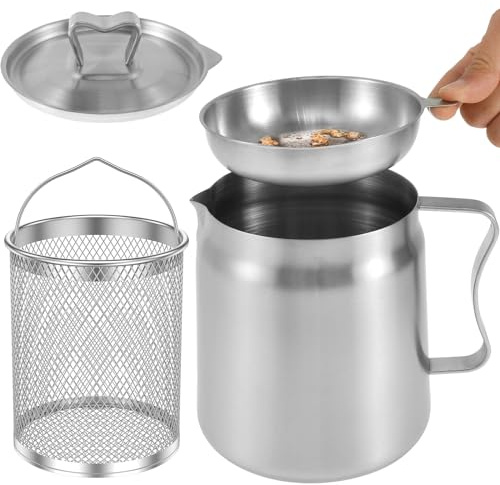 Oil Filter Pot with Basket 2L Stainless Steel Oil Strainer Pot with Lid and Fine Mesh Strainer Oil Storage Can,Bacon Grease Container,Multi-Functional Oil Filter Tank for Kitchen Cooking
