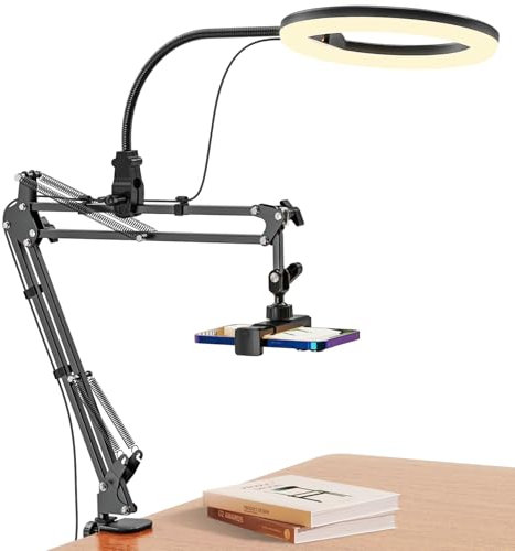 Jubor Ring Light avec Trépied pour Bureau, 10 Anneau Lumineux LED avec Support de Téléphone, Ring Light avec Support de Bras avec 3 Modes de Lumière 10 Luminosité pour Youtube, TikTok, Live Stream