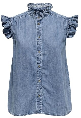 ONLY Female Hemd Onlshania S/L Frill Dnm Camiseta AKM, Medio De Mezclilla Azul, Mujeres