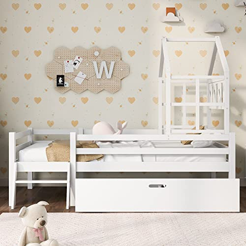 REXO 90x200cm Kinderbett Hausbett mit Leiter und Schubladen, inkl. Lattenrost,Hochbett Massivholz mit Rausfallschutz Weiß(Ohne Matratze)