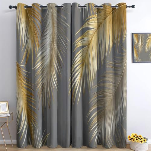 Verdunkelungsvorhang Linien Palmen Blätter Vorhänge Verdunkelung Blickdicht Gardinen Wohnzimmer mit Ösen Schlafzimmer Privatsphäre Schützende Gardinen, H 160 x B 70 cm (2er Pack) Grau Gold