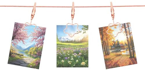 QUARKZMAN Cavo in Acciaio per Appendere Foto al Muro con 10 Clip a Forma di Fiore, Cavo Regolabile da 5 Piedi per Appendere Cornici Foto Collage per Cartoline Arte Oro Rosa