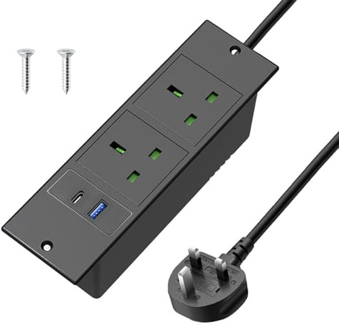 YANGUN Recessed Power Socket with USB C PD20W, Desk Power Socket with USB, Hidden Desk Power Sockets with 2 Outlets 2 Screws, DeskPower Strip, 2M/6.6FT Cable, Black