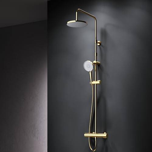 AM.PM X-Joy – Duschsystem mit Thermostat | Duscharmatur Komplettset mit Regendusche & Handbrause | Höhenverstellbare Brausestange 3 Strahlarten | Air In & Duschkopf Antikalk | Rub&Clean | Gold