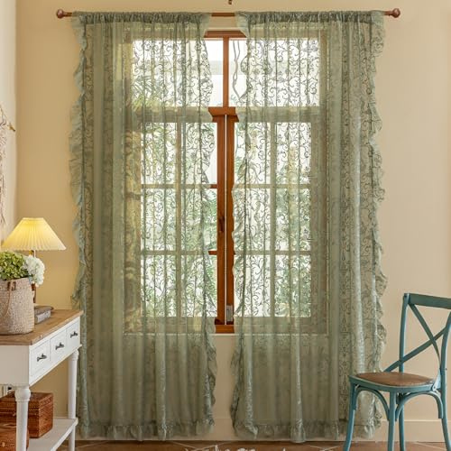 TUDECO Salbeispitzenvorhänge 274,3 cm lang - bestickte durchscheinende Blumen Vorhänge in Hellgrün für Wohnzimmer, Frühling Sommer lichtfilternde Rüschenkanten Grüne Schlafzimmerdekoration, 149,9 x