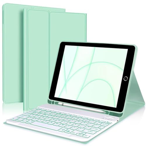 FAYGAOAI Funda con Teclado para iPad Mini 7 (2024) y Mini 6 (2021) de 8,3 Pulgadas, Contiene Ñ, Retroiluminación 7 Colores, Teclado Inalámbrico Magnético Desmontable con Soporte para S Pen,Verde