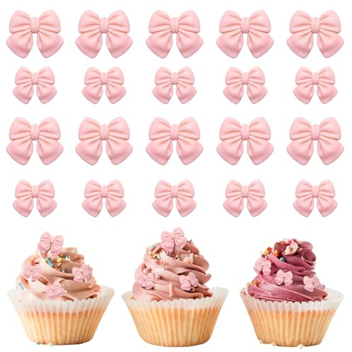 VLYX Rosa Tortenaufsätze mit Schleifen – 20 Stück Cupcake-Dekorationsschleifen für Babypartys, Verlobungen, Geburtstage und Mottopartys – Rosa