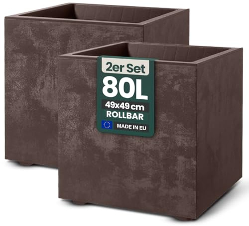 Kreher 2 x XL Pflanzkübel 'Millennium' in verschiedenen Formaten/Farben. Tolle Naturstein Optik in Anthrazit, Grau, Creme Weiß oder Braun! Aus robustem Kunststoff. (Braun, 2 x 80 Liter Eckig)
