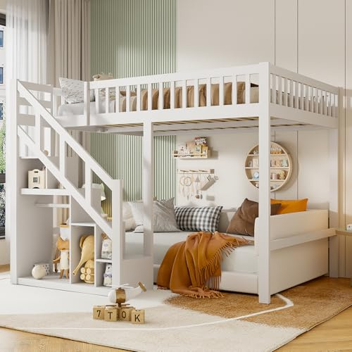 Etagenbett 90x200 cm für Kinder, Kinderbett Hochbett 90x200 mit Treppe & Aufbewahrungsschrank, Funktionsbett Jugendhochbett Stockbett Kinderhochbett mit Lattenrost,Massivholz,Ohne Matratze