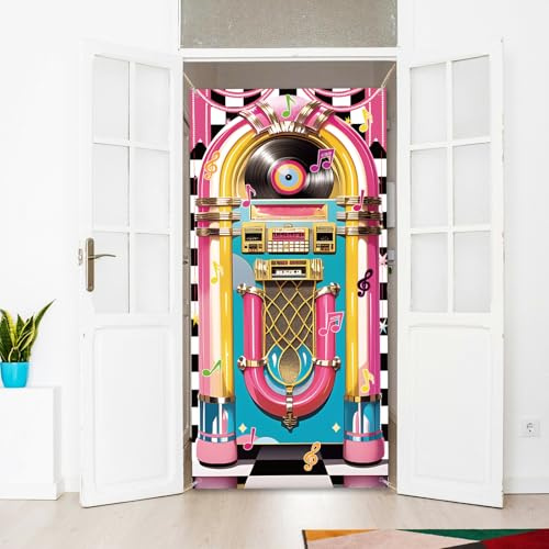 arricraft 1 copertura per porta in poliestere a tema rock and roll, 185 x 90 cm, motivo Jukebox retrò, striscione, portico, segno, sfondo fotografico, per feste, portico, decorazione per la casa
