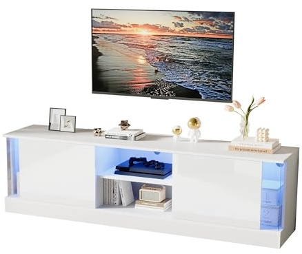 Generisch Meuble TV blanc laqué avec fonction de rangement LED, adapté pour téléviseurs jusqu'à 70 pouces, meuble TV sur pied