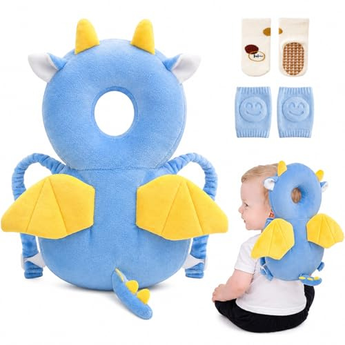 Viondra Baby Kopfschutz Rucksack für 5-24 Monate, Drache | Weich gepolsterter und verstellbarer Kopfschutz für Babys von 5-24 Monaten, inklusive Knieschonern und rutschhemmenden Socken