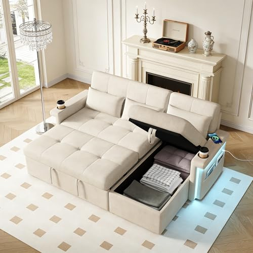 Wyibwy Sofá esquinero en L con LED y puertos USB, portavasos, sofá de 3 plazas con función de cama, sofá modular con espacio de almacenamiento, sofás convertibles con respaldo ajustable,chenilla,Beige