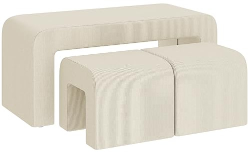 HOMCOM Juego de 3 Bancos Zapateros, Grande y 2 Pequeños, Bancos Recibidores Modernos de Pana, Diseño Compacto, Mesa Auxiliar para Salón, Entrada, Pasillo, Dormitorio, 104x44x48 cm, Crema