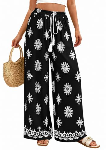 ROFUSSO Pantalones Palazzo de Pierna Ancha para Mujer Pantalones Bohemios Florales de Talle Alto para Verano Ropa Casual para Vacaciones en la Playa con Bolsillo(Negro,L)