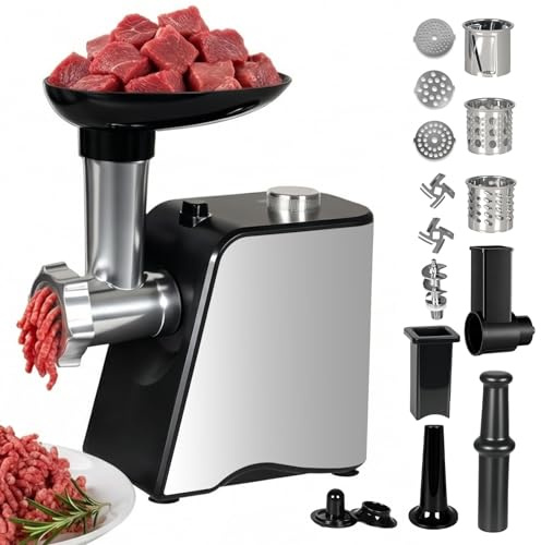 Spector Electric Meat Grinder 2800W, 4-in-1 Meat Mincer with 2 Stainless Steel Blades, 3 Grinding Plates, 3 Vegetable Slicers, Sausage Maker & Kubbe Kit, Reverse Function – for Home Use