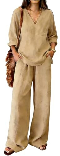 Ensembles en lin pour femme - Haut en lin vintage et pantalon à jambes larges - Tenue deux pièces décontractée et respirante en coton et lin pour femmes plus âgées - Tenue ample pour vacances et plage