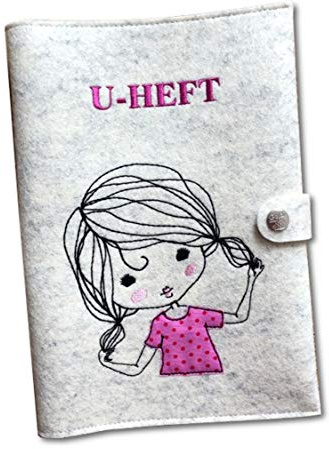 U-Heft Hülle süßes Mädchen für Kinderuntersuchungsheft mit extra Fächer und Lasche mit Druckknopf aus 100% Wollfilz (grau meliert)