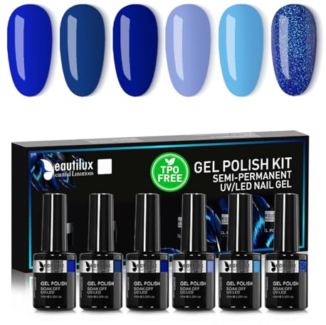 Beautilux Gel Nagellack Semipermanent TPO&HEMA Frei Blau, 6 Farben 10ml Soak Off Dunkelblau Gel Nagellack Set für Home-Maniküre Nail Art Maniküre (YT-03)
