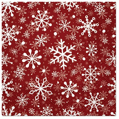Servietten Weihnachten Lot de 20 serviettes de table flocons de neige blancs sur rouge - Pour l'hiver et Noël - Décoration de table 33 x 33 cm