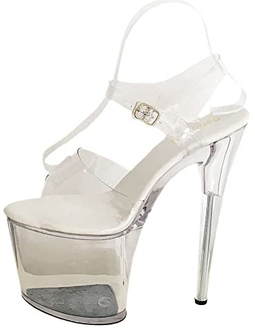 Denova's - Sandali da donna con tacco molto alto, piattaforma, per danza con palo, cinturino alla caviglia, stiletto, trasparente, 19,9 cm, Trasparente, 43 EU