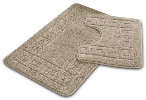 VELVETIO Bath Mat Set 2 Piece Machine Washable for Bathroom, Jacquard Greek Non Slip Quick Dry Shower Rugs & Bathtub Mats, Highly Water Absorbent 100% Polypropylene Toilet Rug Sets, Mocha