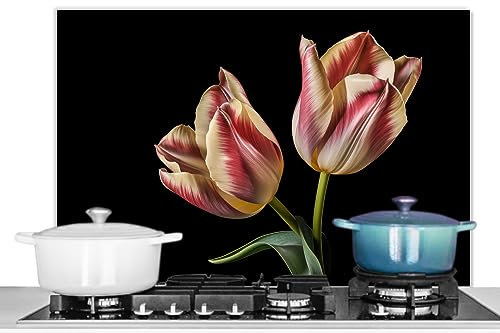 KitchenYeah© Pannello Paraschizzi Cucina Alluminio 90x60 cm para Schizzi per Piano Cottura Parete Cucine Tulipani - Fiori - Rosa - Bianco - Natura