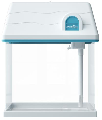 AllPondSolutions Nano Fish Tank with Filter and Light - House Shaped Aquarium Tank with LED Light, Tray Filter System, Curved Glass Front - Cold Water Tropical Fish Tank - 12L, White