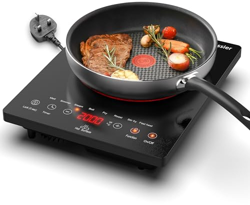 Jessier Protable Ceramic Hob, 2000W Plug in Electric Hob Single Zone, 30cm Cooktops for Hot Pot with 9 Power Levels, 4 Hour Timer, Safety Lock & Sensor Touch, Residual heat Remind, 220V-240V