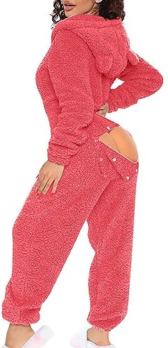 Yolimok Pyjama Sexy Combinaison BoutonnéE à Rabat Boutonné Fonctionnel pour Femmes De Couleur Unie Adultes,Pyjama en Molleton à Rabat GrenouillèRe Chaude Et Floue,Barboteuse à Capuche Mignonn