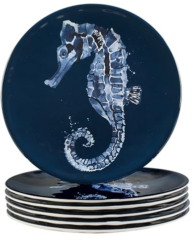 Sea Life Melamine Salad Dessert Plates Set of 6 – 9 Reusable Coastal Beach House Dinnerware with Seahorse Ocean Print, Nautical Break-Resistant BPA-Free Plates, Dishwasher Safe, Outdoor-Friendly