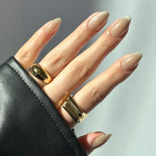 Glamnetic Press On Nails - Honey Bun | Trendy Neutral Nude Velvet Sparkly Short Almond Fake Nails, Reusable | 15 Sizes - 30 Nail Kit