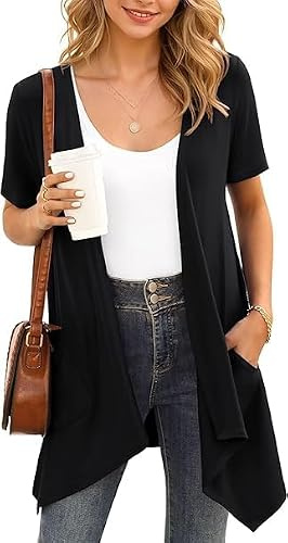 YGJIEGENG Summer Women's Cardigans, Short Sleeve Cardigan for Women UK | Lightweight, Open Front, with Pockets, Waterfall Cardigan, Casual Soft, Breathable, Plus Size, Going Out, Work, Daily Wear