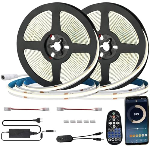 FOLGEMIR Striscia LED COB Bluetooth, 10m (2x 5m) Bianco Naturale 4000K, dimmerabile con alimentatore 24V & telecomando RF, LED luce più uniforme, 8mm larghezza, APP, Timer, Musica, autoadesiva, IP20