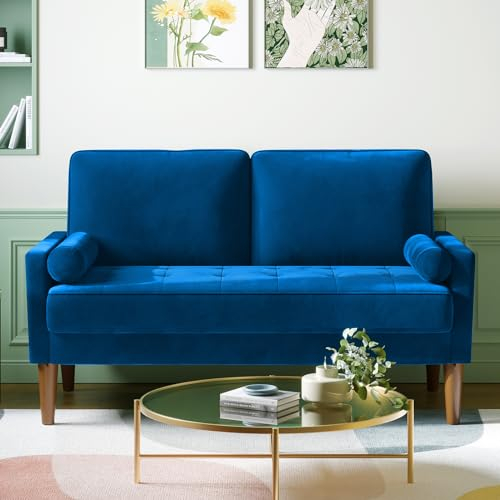 Vesgantti Couch 2 Sitzer, Samt Kleines Sofa mit 2 Wurfkissen, Modern Mini Sofa, Getuftetes Kleine Couch für Wohnzimmer/Schlafzimmer/Büro/Wohnung, 121x 77 x 87cm, Blau