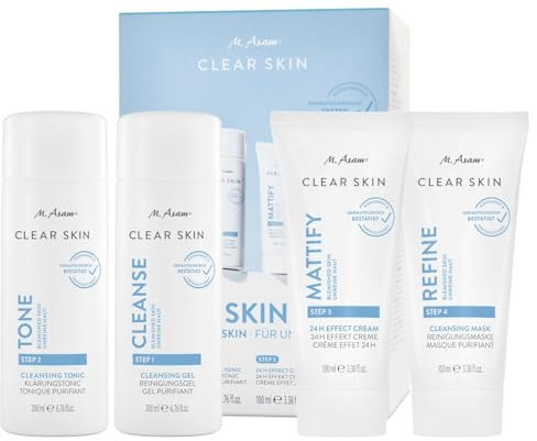 M. Asam CLEAR SKIN Set 4-teilig (2 x 100 ml, 2 x 200 ml) – Anti Pickel Pflege für reine Haut, Skin Care Set mit Waschgel, Toner, Maske & Creme, Porenreiniger Gesicht, Gesichtspflege Set Damen