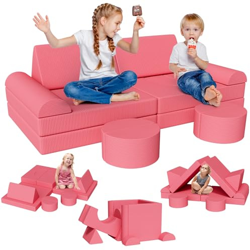 Clevich Spielsofa für Kinder, 15-Teiliges Modulare Kinderspielcouch, Kindersofa ausklappbar, Oeko-TEX100 Zertifiziert, Schlafsofa aus Schaumstoff, für Kuschelecke im Kinderzimmer, Kuschel-Cord (Rosa)