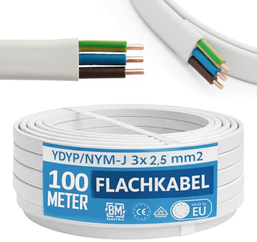 NYM kabel 3 x 2,5 mm² YDYp – strömkabel 3-polig 2,5 mm², platt kabel 100 m, 11 x 6 mm, fönstergenomföring, våtrumskabel, massiv kopparledare, 300/500 V