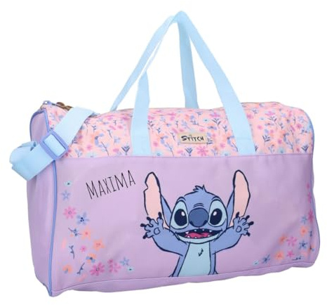 Vadobag Sac de sport personnalisé Disney Stitch - Sac de sport pour enfant avec nom - Petit sac de voyage - Sac de weekend pour fille - Fleurs violettes - 24 x 40 x 19 cm - 18 litres