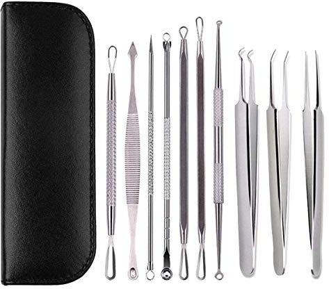 Blackhead Remover Tool Kit, Gasea 10 PCS Professional Stainless Steel Pimple Popper Comedone Extractor Tools for Removing Pimples, Blackheads, Zit on Face - Acne Removal Kit with Leather Case