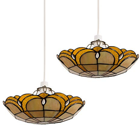 MiniSun | Tiffany Style Amber Jewelled Glass Uplighter Design Ceiling Light Shades | Pendant Lights, Home Décor & Improvement Essential | Set of 2 | Includes 10W LED GLS Bulbs | 30cm Shade Width
