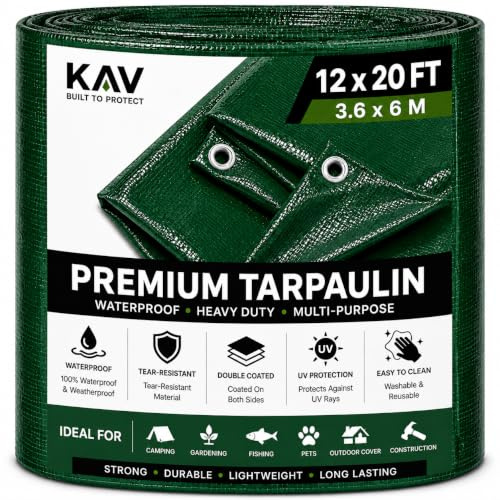 KAV - 12x20 FT Green Strong Waterproof Universal Tarpaulin Tarp sheet in - Ground Sheet Covers For Camping Fishing Gardening Pets Premium Quality Cover Made of 80 gram