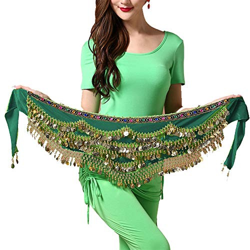 Carnavalife Pañuelo de Danza del Vientre Mujer Baile Oriental Bufanda Falda Cinturón de Cadera con 271 Monedas Lentejuelas (ZP142-verde, Talla única)