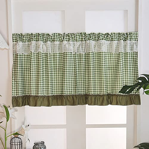 Lsimeru Kariert Grün Bistrogardine Blickdicht 80cm Hoch Modern Küche Schiebevorhang Kurzvorhäng Fenstergardinen Kurz Küchengardine Kurzstores Halbevorhang Cafe 1 Stück,130x80cm