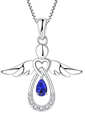 FJ Damen Kette Schutzengel Anhänger Halskette 925 Sterling Silber Engel Kette mit Geburtsstein Zirkonia Schmuck Geschenke für Frauen Mädchen