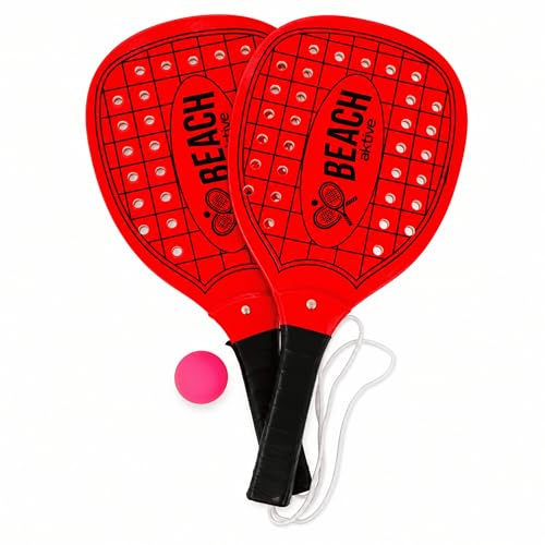 MUNTRADE Juego de 2 Palas de Playa de Madera con Pelota Incluida | Raquetas de Playa para Niños y Adultos | Set de 2 Palas Rojas Beach Tennis con Pelota | Ideal para Jugar al Aire Libre