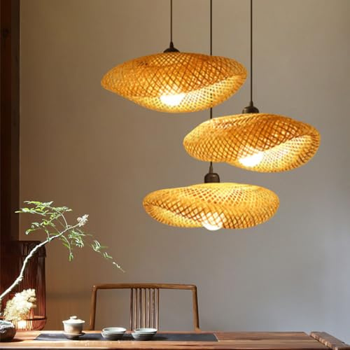 FUMIMID Bambus Pendelleuchte 3 Leuchte Retro Stil Rattan Laterne Kronleuchter Antik Holz Esszimmer Lampe Landhaus Hängelampe Wicker Lampenschirm Schlafzimmer Wohnzimmer Deckenlampe E27 Pendellampe