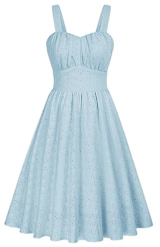 Belle Poque Damen Vintage ärmellos Solid Floral Geraffte Empire-Taille A-Linie Swing Midi-Kleid, hellblau, X-Groß